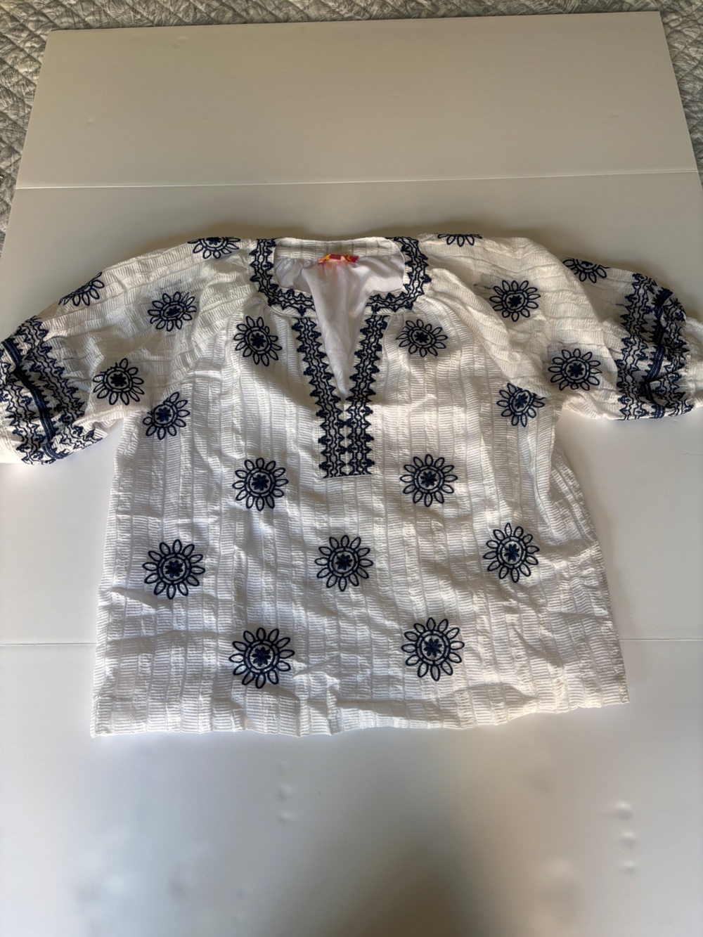 THML White Navy Embroidered V Neck Flutter Sleeve Boho Blouse - Small